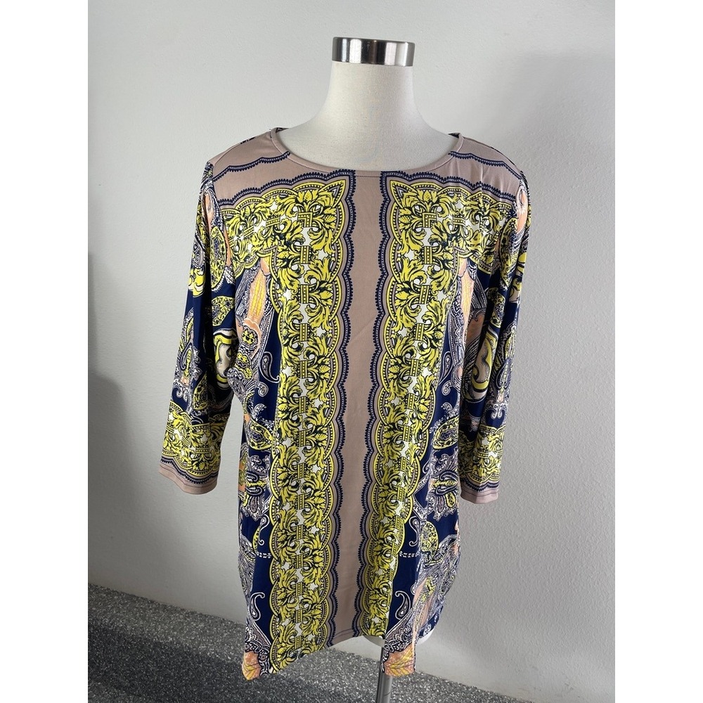 Bob Mackie Wearable Art Womens Plus 1X Paisley Floral Tunic Top Blue Yellow